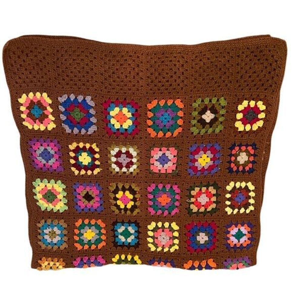Handknit Granny Square Lap Blanket 60”x31” Brown Multicolor Cottagecore
